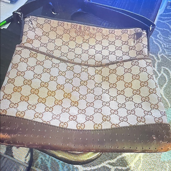 Project purse !!Gucci Beige GG Monogram Crossbody with Brown Leather Trim - Picture 3 of 4